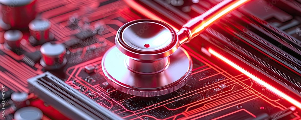 Fototapeta premium Stethoscope on digital circuit board healthcare network technology concept. A stethoscope on a computer circuit board, symbolizing digital health.