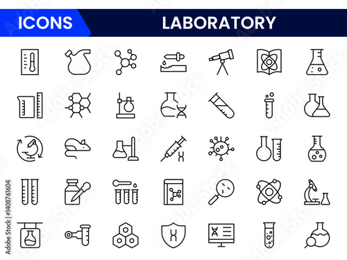 Vector illustration web line icon collection featuring laboratory elements, microscopes, test tubes, beakers, chemical flasks, atoms, lab coats, safety goggles, DNA strands, and scientific symbols.