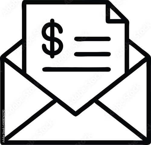 Open Envelope with Dollar Sign in Outline Style Isolated on White