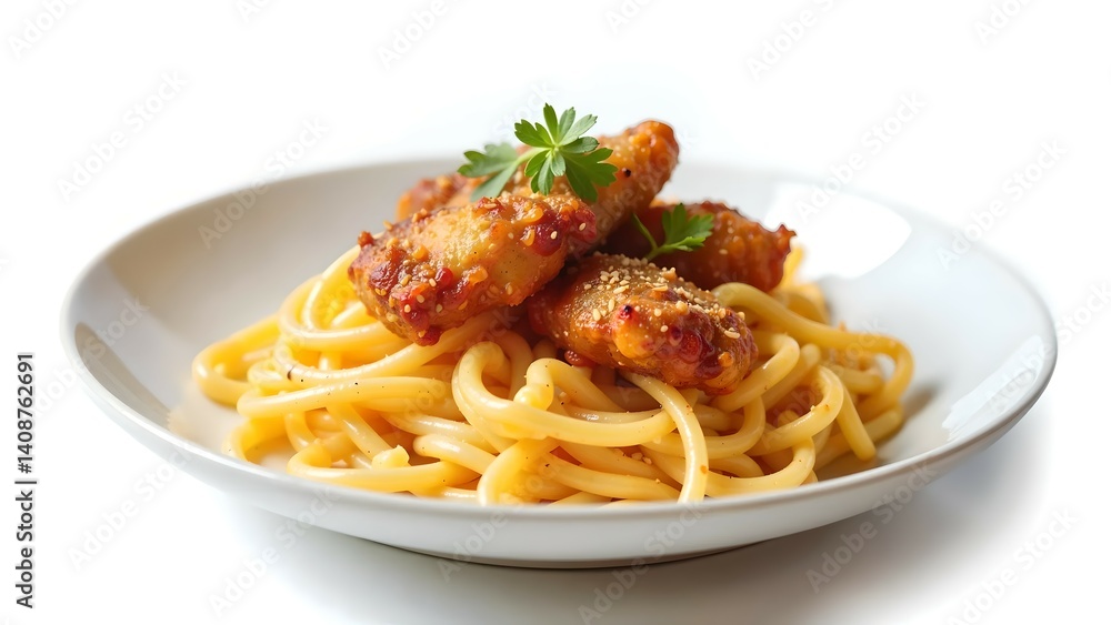 A plate of noodles prepared for eating, two chicken nuggets. A plate of noodles prepared for eating, two chicken nuggets.