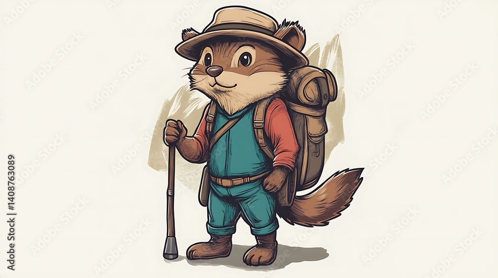 Fototapeta premium Cute cartoon squirrel hiker with backpack walking stick for a fun illustration of outdoor adventures concept.