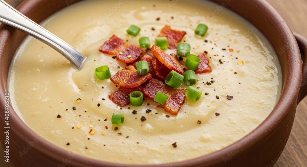 Comforting creamy potato soup in a rustic bowl, garnished with bacon and green onion Comforting creamy potato soup in a rustic bowl, garnished with bacon and green onion