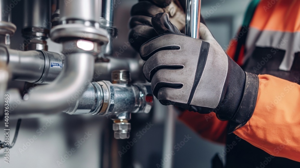 Fototapeta premium A construction worker inspecting plumbing systems. Featuring plumbing and inspection
