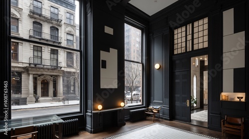 Wallpaper Mural Dark, elegant room with tall windows shows city street outside. Modern, minimal decor and bright entryway Torontodigital.ca