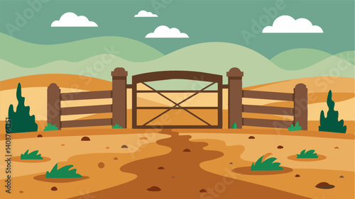 Dust and dirt cover the farm gate a result of the harsh financial climate that prevents farmers from investing in proper maintenance.. Vector illustration