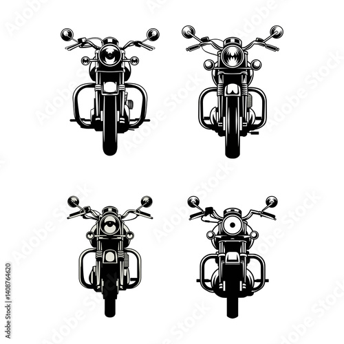 Set of Four Front View Vintage Classic Motorcycle Line Art Illustrations