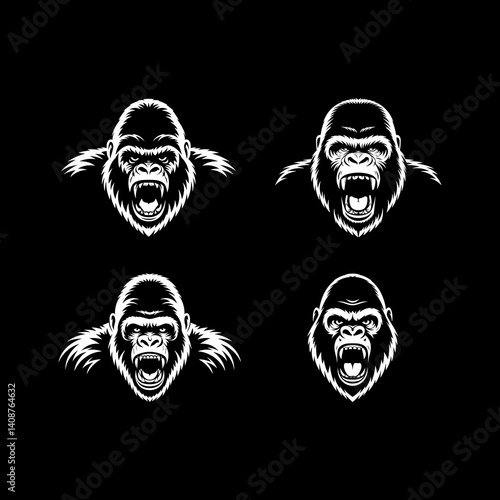 Set of Four Fierce Roaring Gorilla Head Mascot Illustrations in Black and White for Sports Logos, Tattoo Designs, and Aggressive Branding Elements on Dark Background