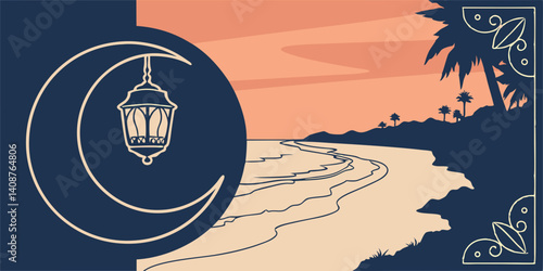 2025 ,Eid Al Azha Mubarak greetings image, Crescent moon shape with lantern lamp dark navy blue on the beach during sunset vector illustration.
