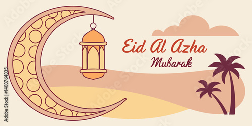 2025 ,Eid Al Azha Mubarak greetings image, Crescent moon shape with lantern Lampe on the beach during sunset vector illustration.
