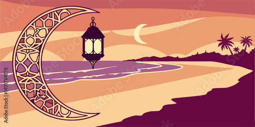 2025 ,Eid Al Azha Mubarak greetings image, Crescent moon shape with lantern lamp dark pink  on the beach during sunset vector illustration.
