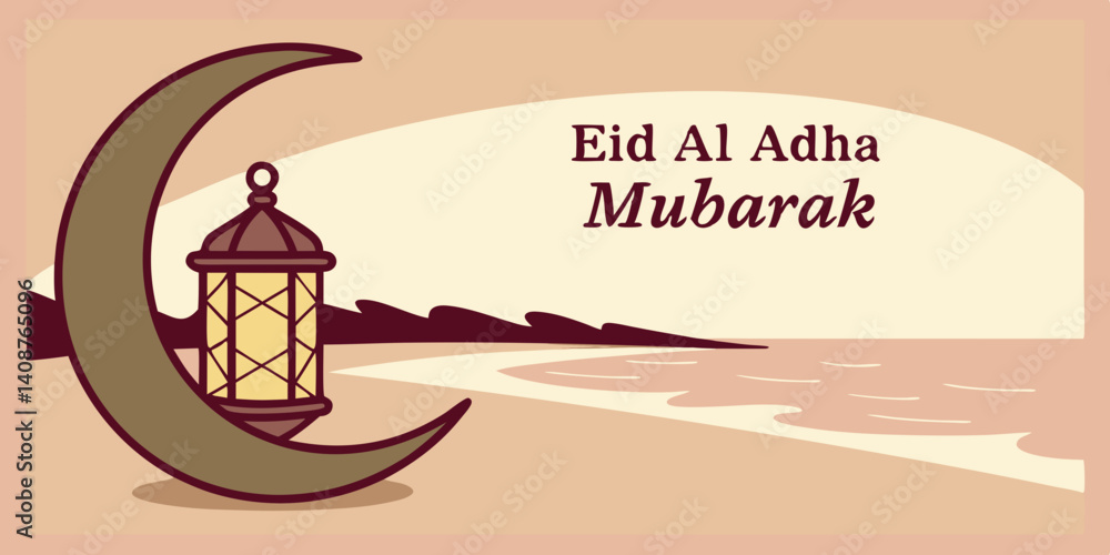 Fototapeta premium 2025 ,Eid Al Azha Mubarak greetings image, Crescent moon shape with lantern lamp dark brown on the beach during sunset vector illustration. 