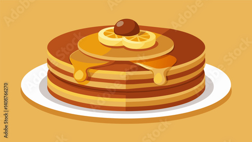 Fluffy golden pancakes drizzled with rich dark honey and fresh slices of ripe banana.. Vector illustration
