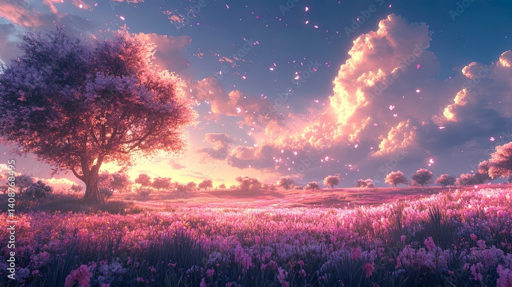 A serene metaverse countryside with glowing fields, floating clouds, and digital trees A serene metaverse countryside with glowing fields, floating clouds, and digital trees