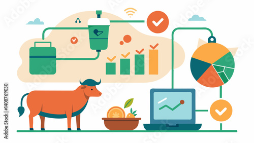 Quality Control Technology is used to monitor feed quality ensuring that livestock receive the necessary nutrients for optimal growth and health.. Vector illustration