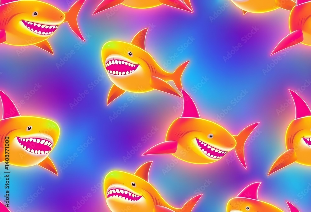 Abstract neon shark pattern, vibrant colors, seamless repeat for kids' fashion textile, garment, colorful Abstract neon shark pattern, vibrant colors, seamless repeat for kids' fashion textile, garment, colorful