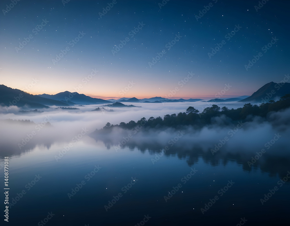 Fototapeta premium Lake and Fog at Early Morning with Stars Reflection