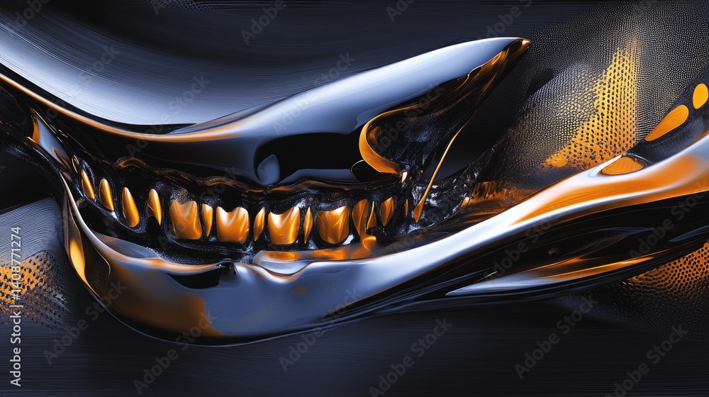 Abstract metallic jaw, sharp teeth, dark background, futuristic design