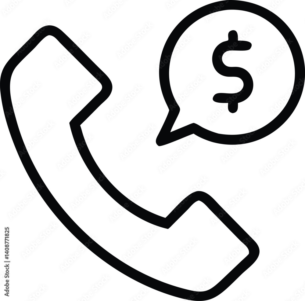 Phone Call and Dollar Sign Symbol, Black Outline Icon With Transparent Background Phone Call and Dollar Sign Symbol, Black Outline Icon With Transparent Background