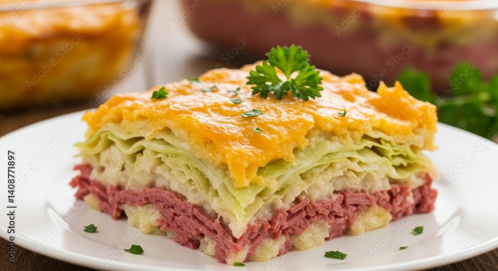 Delicious square slice of corned beef and cabbage casserole with cheesy top Delicious square slice of corned beef and cabbage casserole with cheesy top