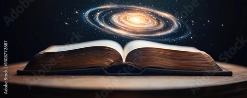 Obraz na płótnie Open book under starry sky expanding cognition of space concept. An open book with a galaxy above, symbolizing knowledge and wonder. w salonie