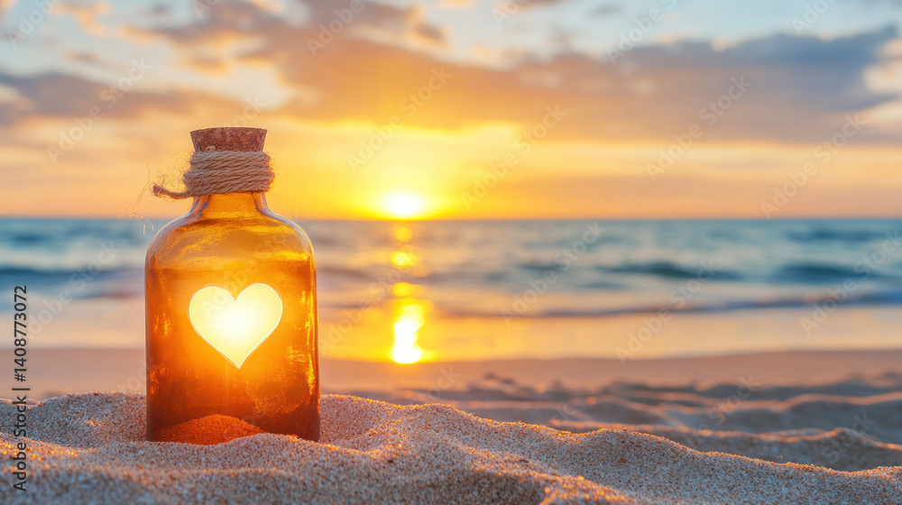 Obraz premium A bottle with a heart on it is sitting on the sand at the beach. The sun is setting, casting a warm glow on the scene. The bottle is the only object in the image