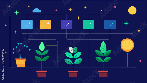 Dynamic Lighting Schedule A customizable lighting schedule that takes into account the changing seasons and specific plant growth stages.. Vector illustration