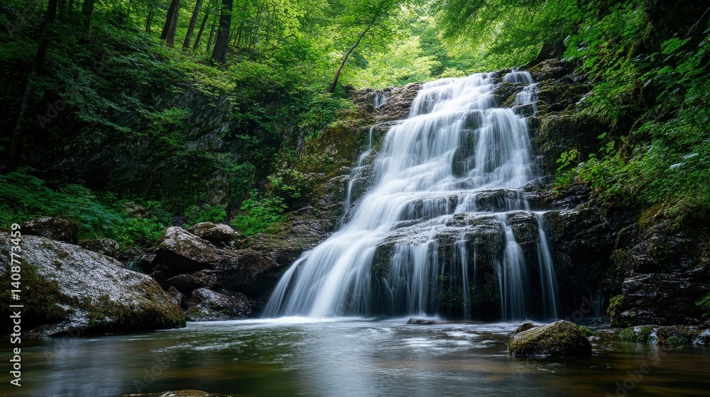 Fototapeta premium A cascading waterfall surrounded by lush green forest vegetation environment