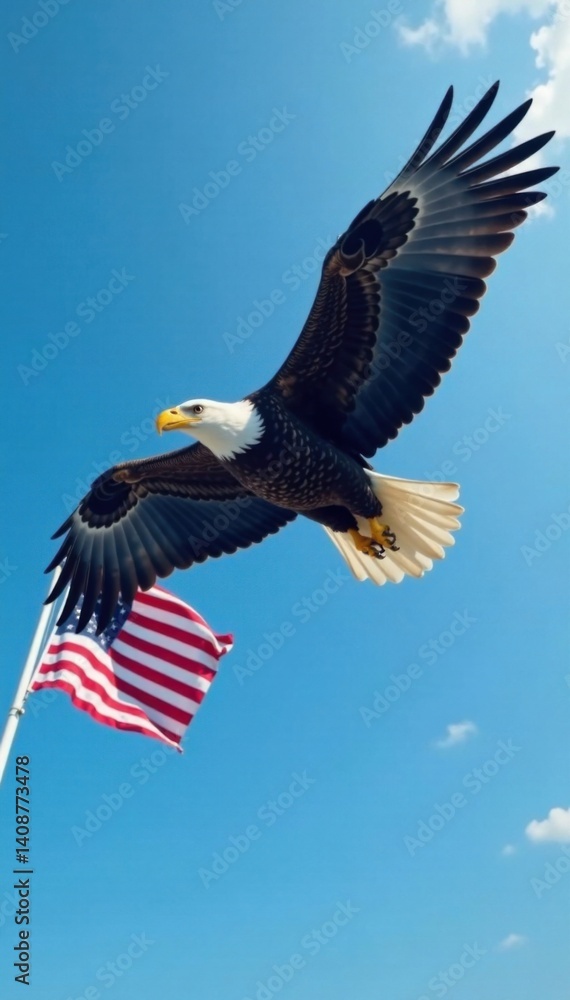 Eagle soaring high against clear blue sky with American flag waving in wind, heroic bird, flying, patriotism Eagle soaring high against clear blue sky with American flag waving in wind, heroic bird, flying, patriotism