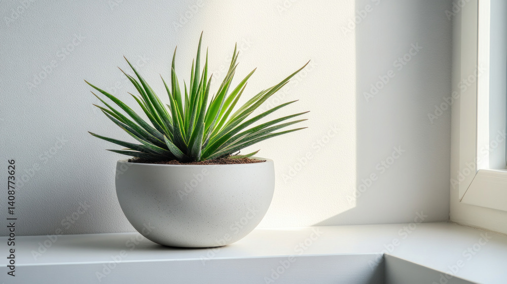 A potted plant sits on a windowsill, with the sunlight shining on it. The plant is a cactus, and it is in a white bowl. The bowl is placed on a white surface A potted plant sits on a windowsill, with the sunlight shining on it. The plant is a cactus, and it is in a white bowl. The bowl is placed on a white surface