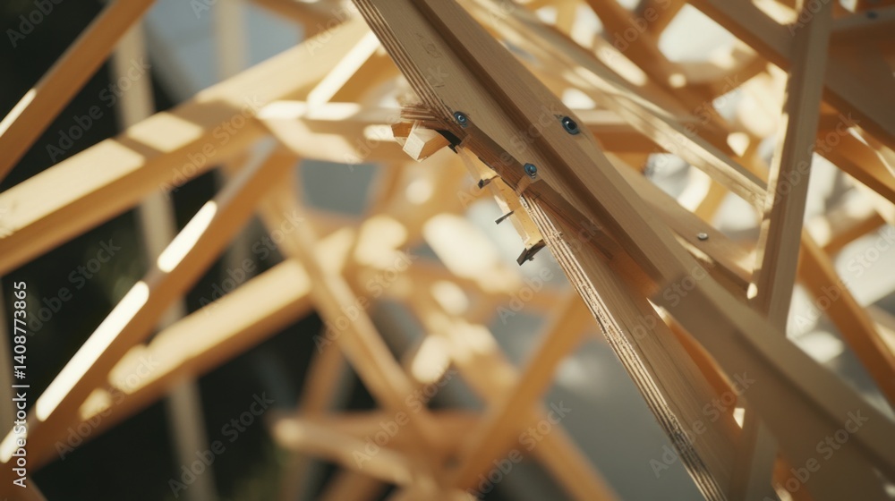 Fototapeta premium A construction worker installing a roof truss on a building. Featuring strength and coordination