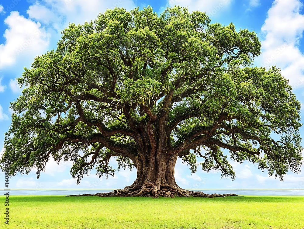 Fototapeta premium A majestic and sprawling tree stands under a clear blue sky
