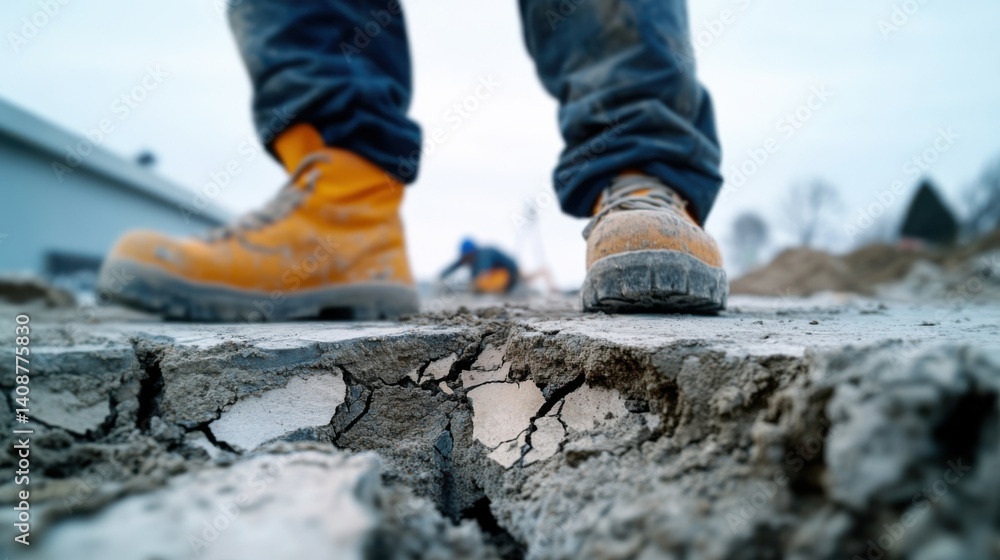 A construction worker inspecting the foundation for cracks. Featuring thoroughness and focus A construction worker inspecting the foundation for cracks. Featuring thoroughness and focus