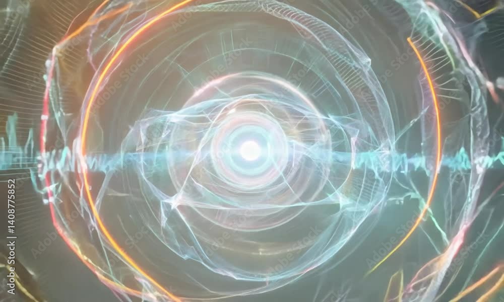 custom made wallpaper toronto digitalProduce a conceptual animation of quantum computing cores rotating and interlocking, with quantum particles fluctuating around them and delicate quantum tunneling effects in glowing pastel hues