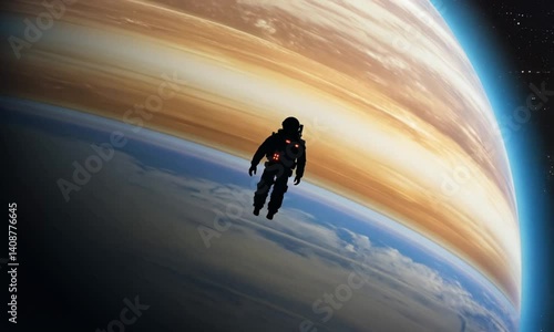 Wallpaper Mural Render a dreamy depiction of an astronaut floating freely in space near the rings of Saturn, spinning slowly while tethered to a small exploration pod. Include beautiful depth of field Torontodigital.ca