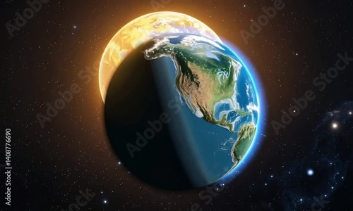 Wallpaper Mural Render a peaceful orbit around a glowing, Earth-like exoplanet with green continents, cloud formations, and glistening water bodies reflecting light from twin suns Torontodigital.ca