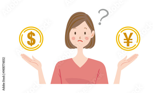 お金　為替　ドル　円のことを考える女性　投資　資産

