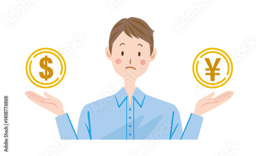 ドル　円　お金のことを考える男性のイラスト
