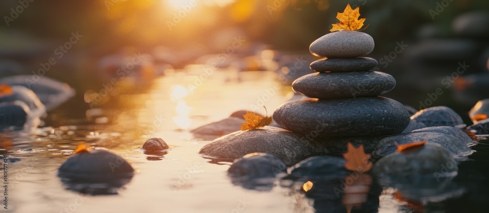 Obraz premium Stacked stones with leaves in peaceful water setting