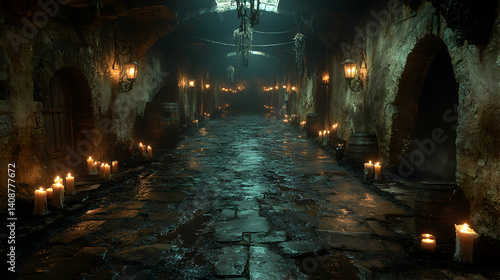 Dark, atmospheric image of a candlelit stone passageway in a medieval cellar, featuring old barrels and lanterns. Ideal for fantasy, horror, or mystery themes.