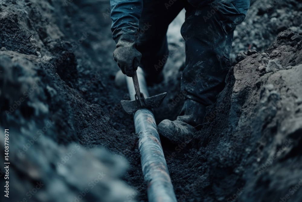 Obraz premium A construction worker laying pipes in a trench at a construction site. Featuring pipe laying and trench work