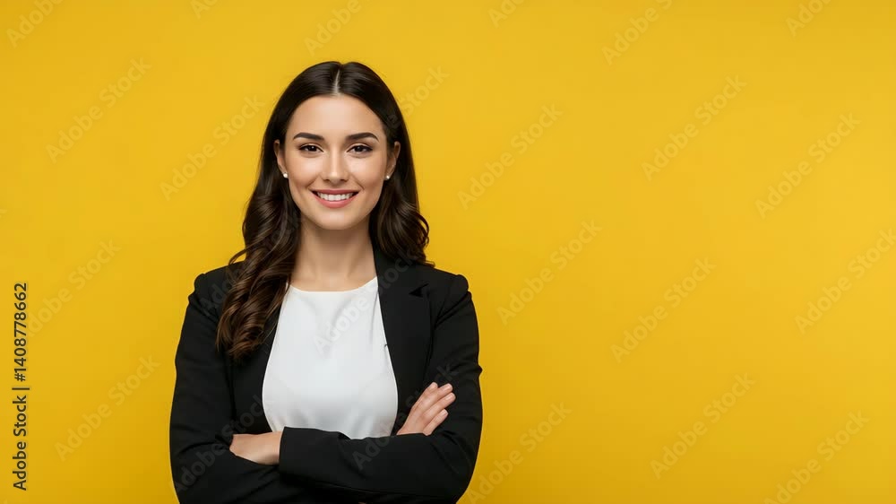 Confident Businesswoman Smiling in Yellow Studio Portrait Confident Businesswoman Smiling in Yellow Studio Portrait