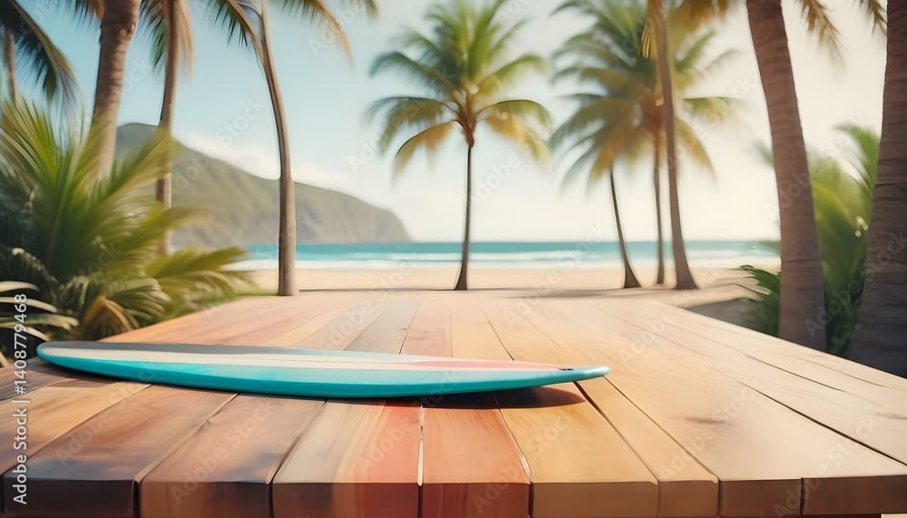 Fototapeta premium A beach scene featuring an empty wooden table and palm trees, capturing the essence of summer vacation