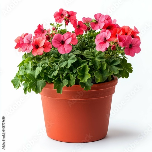 Stunning Pink Geraniums in Terracotta Pot: Vibrant Blooms and Lush Greenery