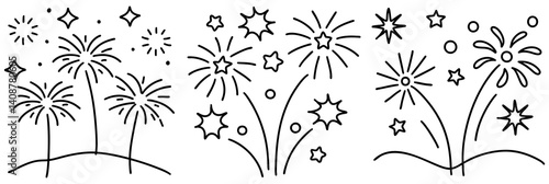 Beautiful line art depicting fireworks bursts in various styles, creating festive atmosphere filled with joy and celebration
