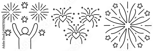 Celebrate with vibrant line art featuring fireworks and joyful expressions, creating festive atmosphere of excitement and love