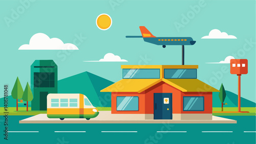 On the outskirts of town a solarpowered station awaits the arrival of air taxis offering them a chance to refuel and recharge using only the power of the sun.. Vector illustration