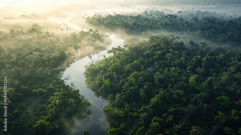 Obraz premium Lush green rainforest with a winding river.