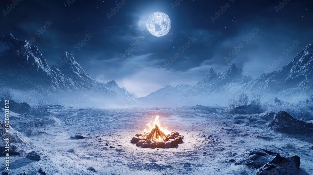 A warm campfire blazing in a snowy, mountainous landscape under a full moon