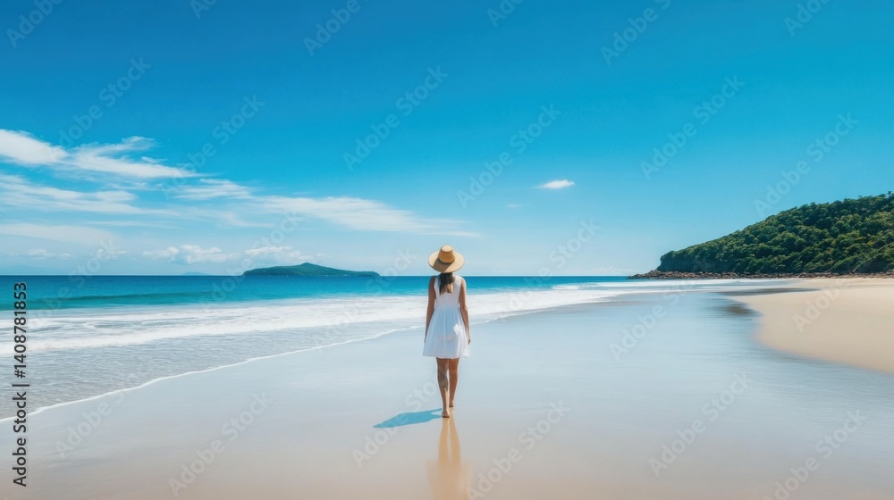 Woman Walking on Serene Beach with Clear Blue Sky and Calm Water
