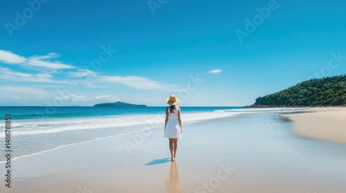 Obraz na płótnie Woman Walking on Serene Beach with Clear Blue Sky and Calm Water w salonie